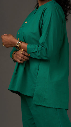 KANSO | Green Cotton Linen Mandarin Collar Tunic with Wooden Buttons
