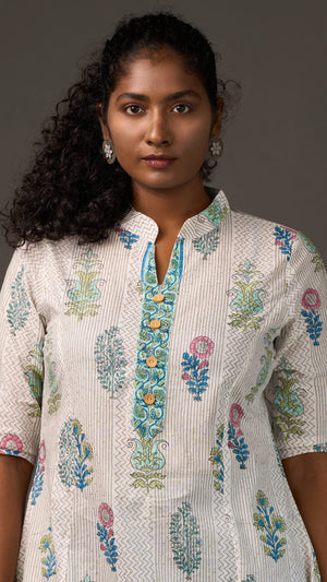 SANGANERI | Ivory Ash striped Floral Cotton Shirt Dress