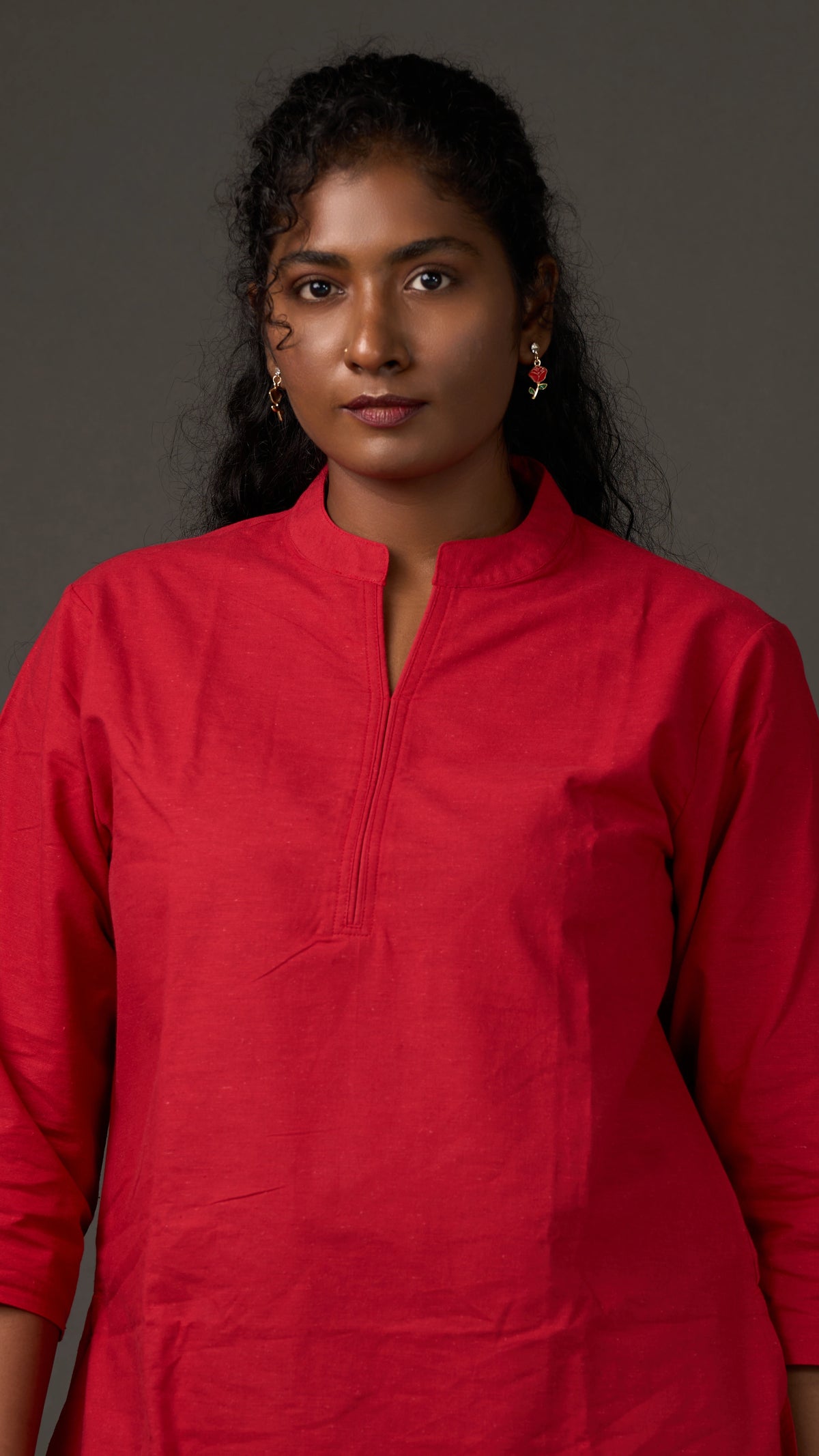 KANSO | Red Cotton Linen Mandarin Collar Regular Fit Tunic