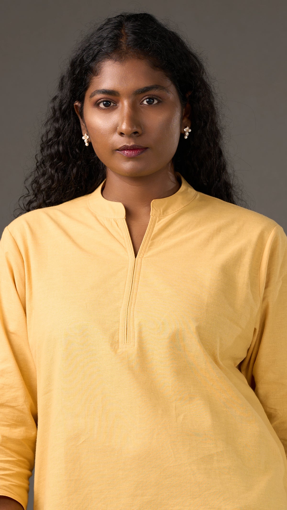 KANSO | Yellow Cotton Linen Mandarin Collar Regular Fit Tunic