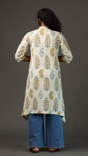 SANGANERI | Ivory Pistachio striped Floral Cotton Shirt Dress
