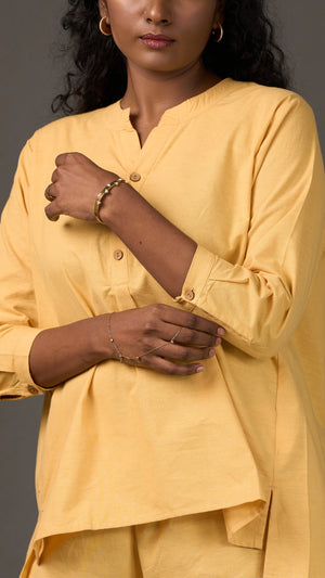 KANSO | Yellow Cotton Linen Mandarin Collar Tunic with Wooden Buttons
