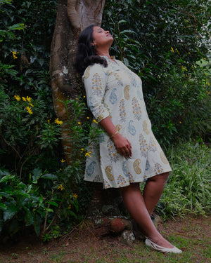 Sanganeri Hand Block Print A-Line Kurta Dress — Mint Paisley | 100% Premium Cotton