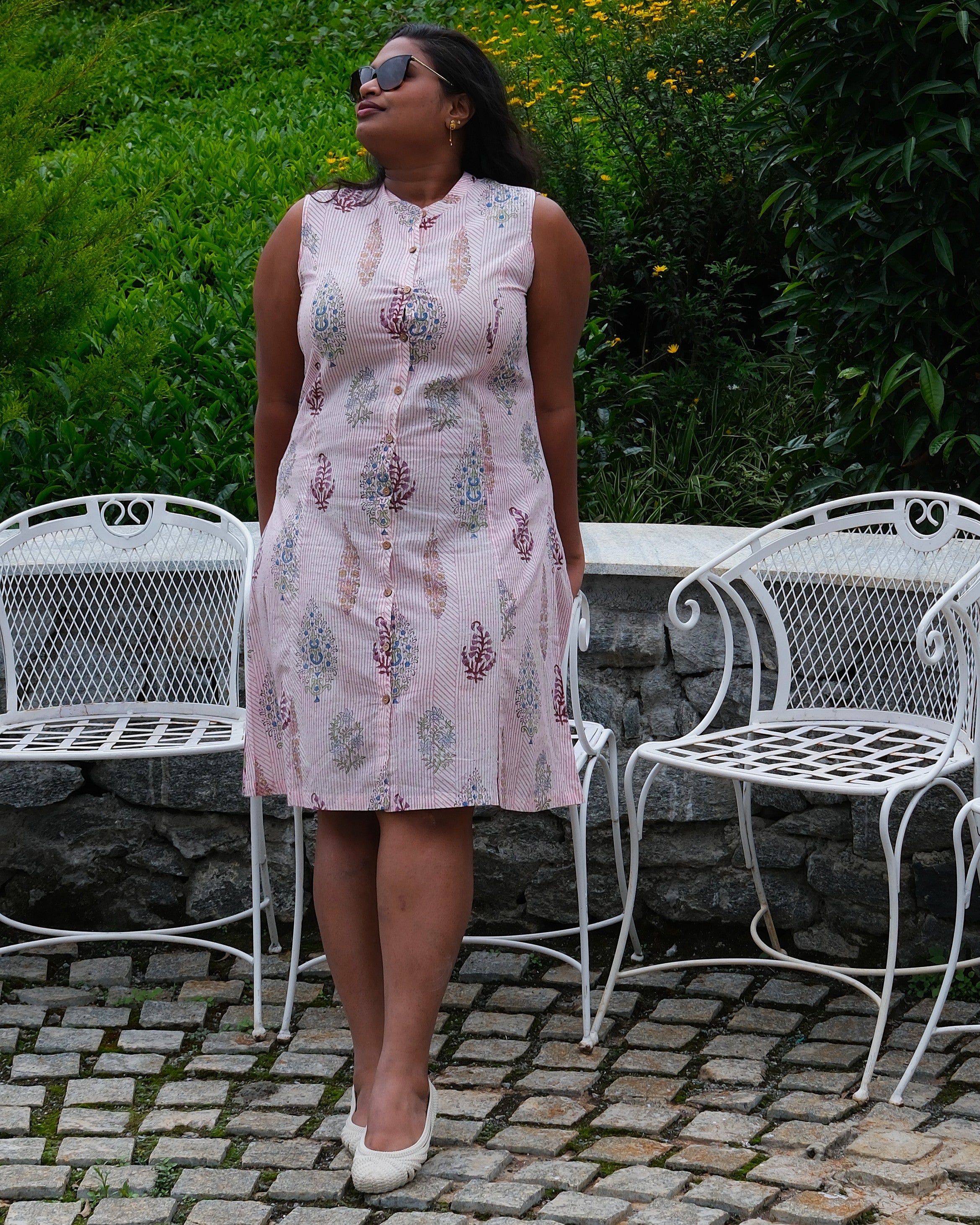 Sanganeri Hand Block Print Sleeveless A-Line Dress — Gulab Stripe | 100% Premium Cotton