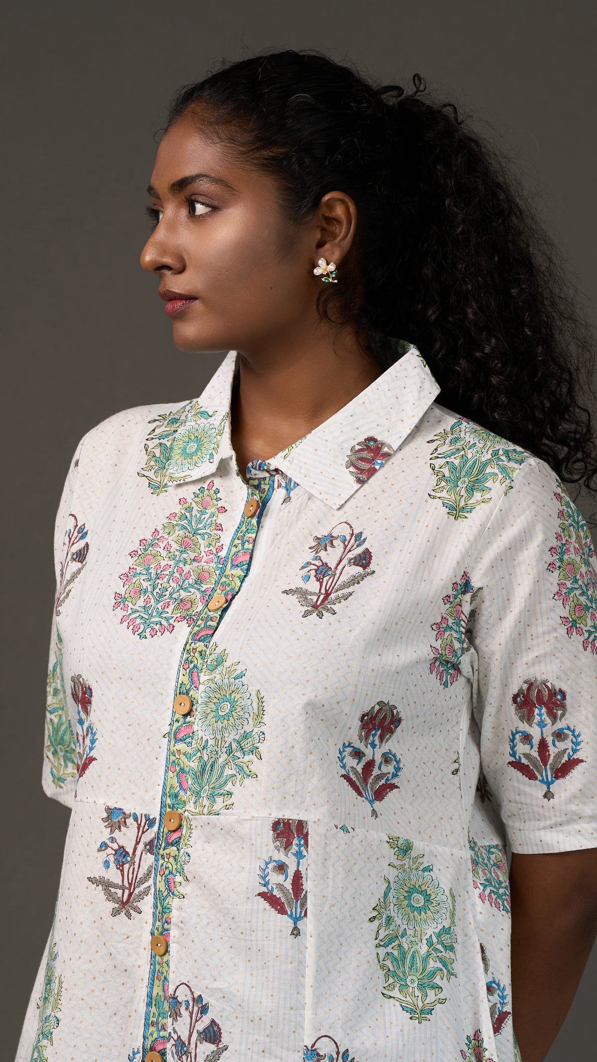 SANGANERI | Ivory Aqua striped Floral Cotton Shirt Dress