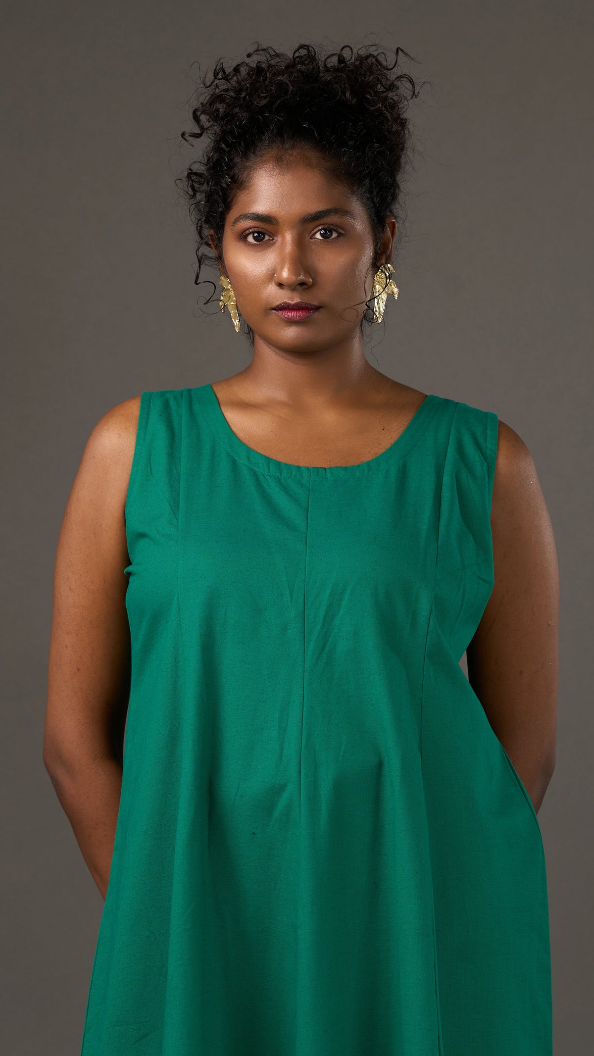 KANSO | Green Sleeveless Cotton Linen A-Line Midi Dress