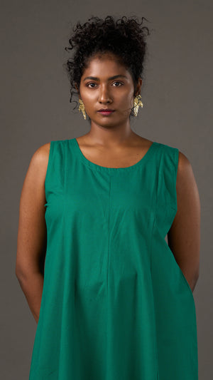 KANSO | Green Sleeveless Cotton Linen A-Line Midi Dress