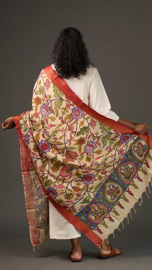 KALAMKARI | Collector's edition Ivory floral vine Shawl-Handcrafted