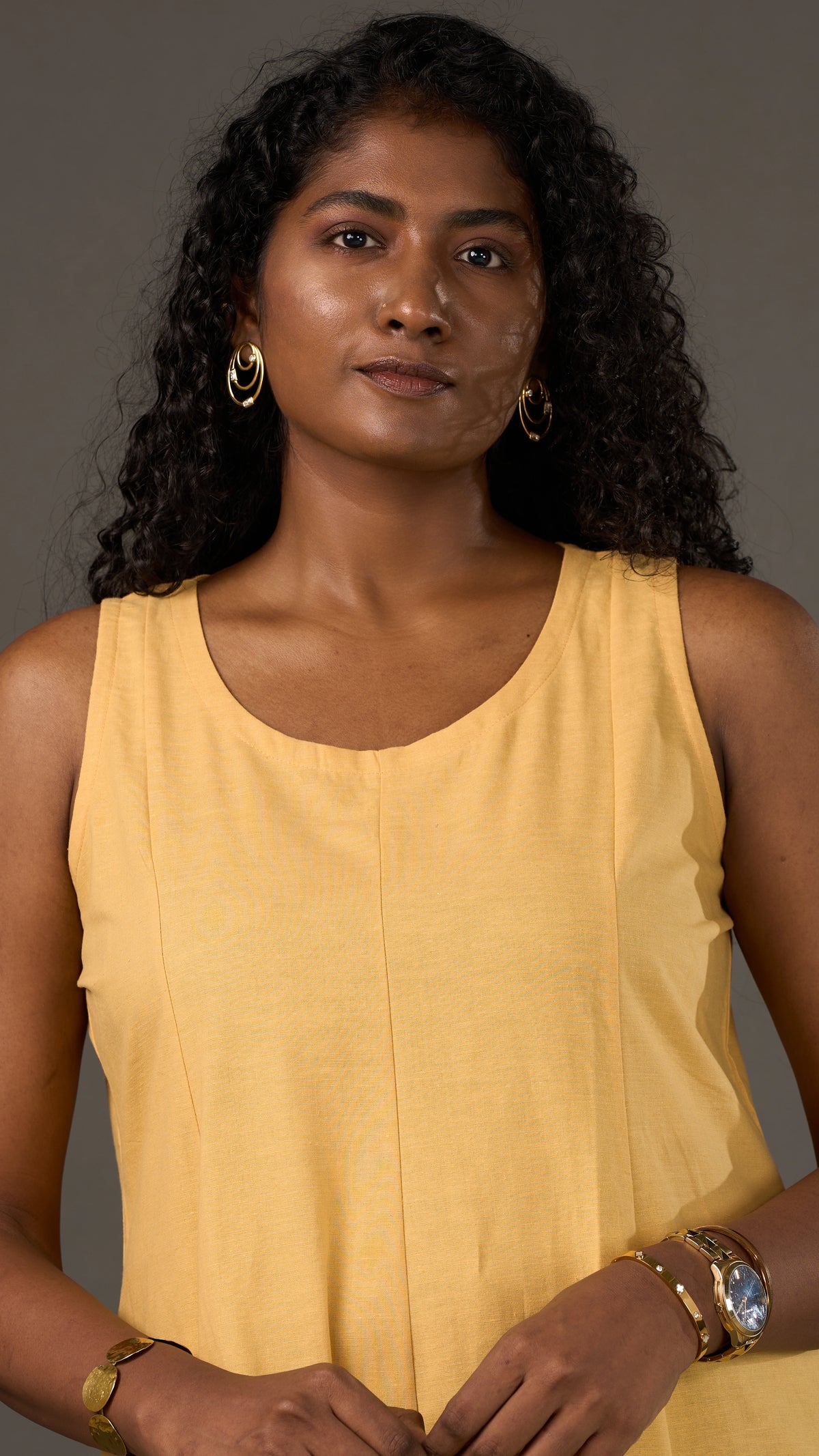 KANSO | Yellow Sleeveless Cotton Linen A-Line Midi Dress