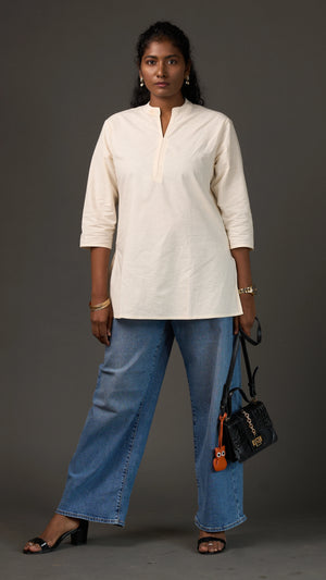 KANSO | White Cotton Linen Mandarin Collar Regular Fit Tunic