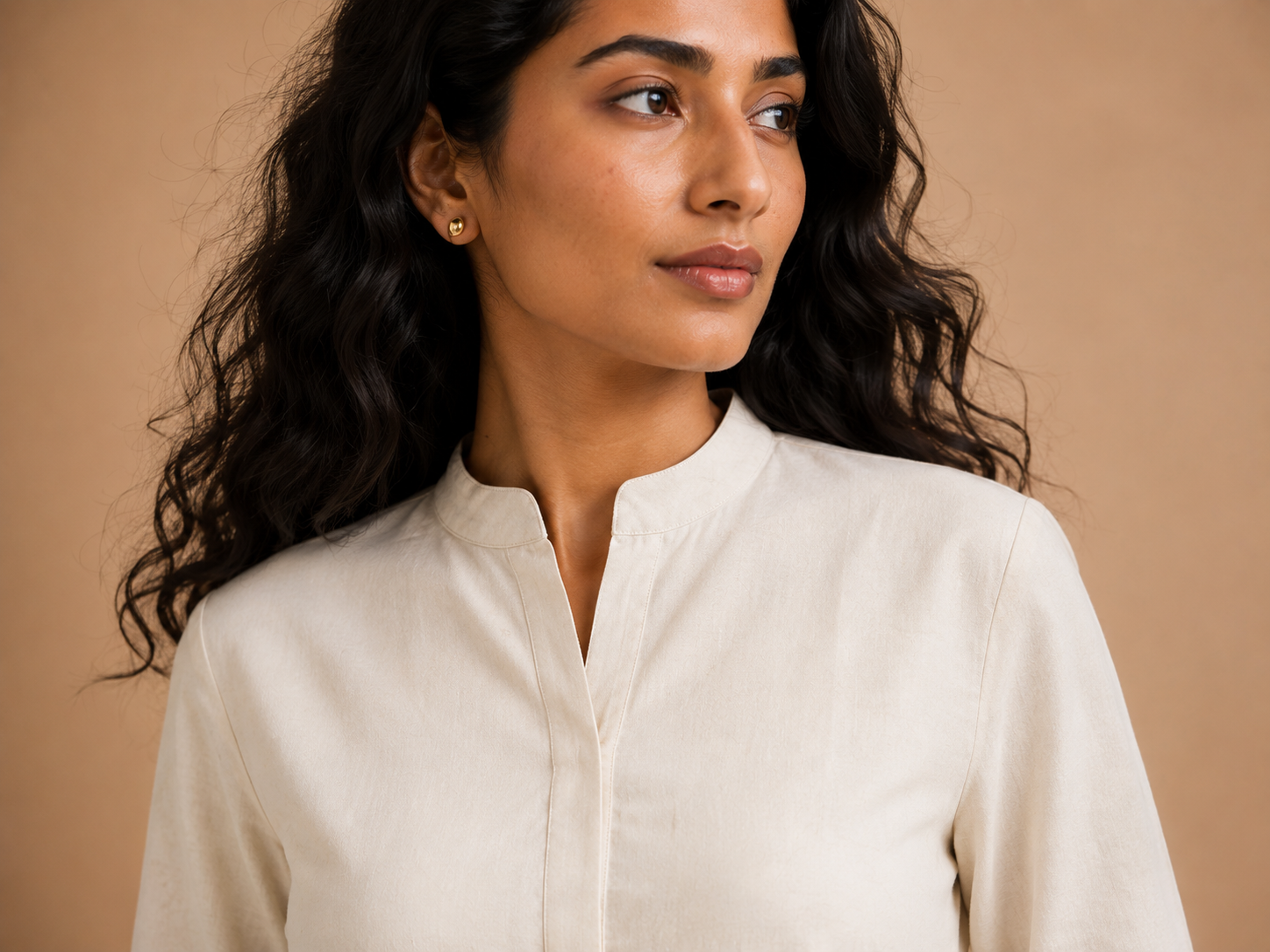 KANSO Women's Cotton Linen Long Kurta | Mandarin Collar Straight Fit Kurta with Pocket