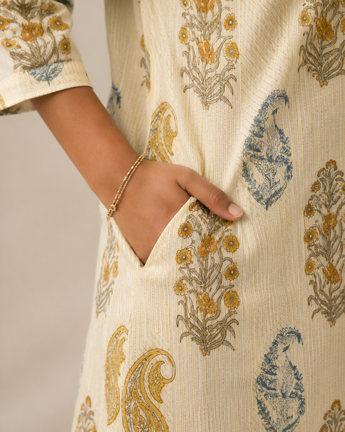 SANGANERI Pistachio Hand Block Print Asymmetrical Kurta | 100% Premium Cotton Mandarin Collar Kurta