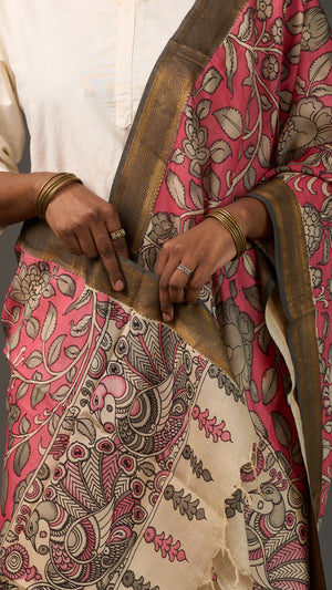 KALAMKARI | Collector's edition Rose' Pink floral Shawl-Handcrafted