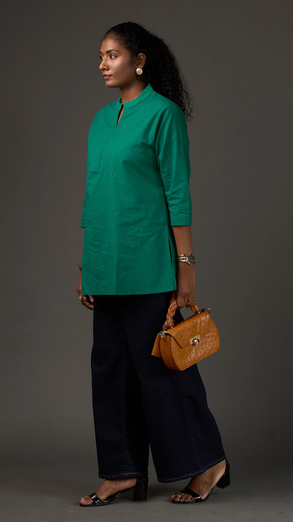 KANSO | Green Cotton Linen Mandarin Collar Regular Fit Tunic