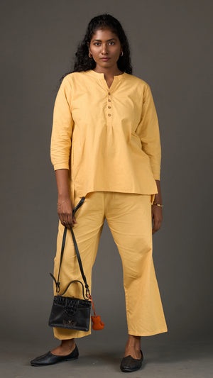KANSO | Yellow Cotton Linen Mandarin Collar Tunic with Wooden Buttons