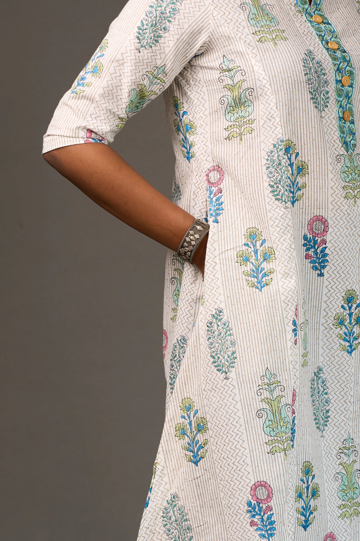 SANGANERI | Ivory Ash striped Floral Cotton Shirt Dress