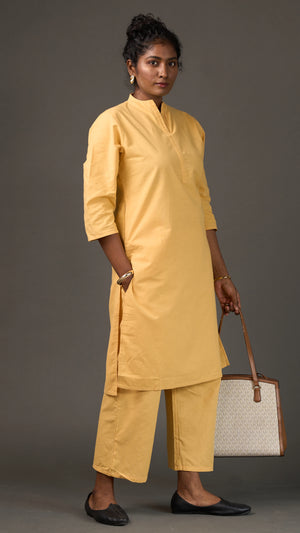 KANSO | Yellow Cotton Linen Mandarin Collar long Kurta