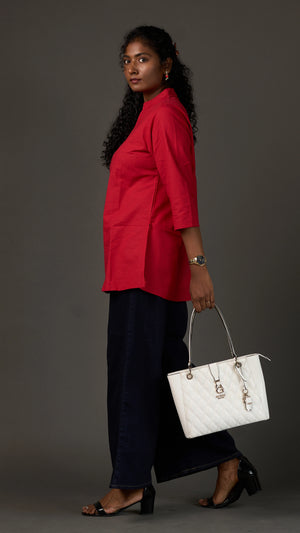 KANSO | Red Cotton Linen Mandarin Collar Regular Fit Tunic