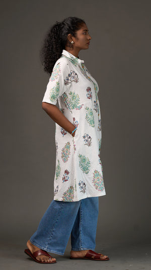SANGANERI | Ivory Aqua striped Floral Cotton Shirt Dress