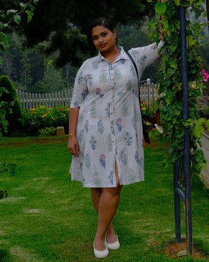 Sanganeri Hand Block Print A-Line Shirt Dress — Ivory | 100% Premium Cotton