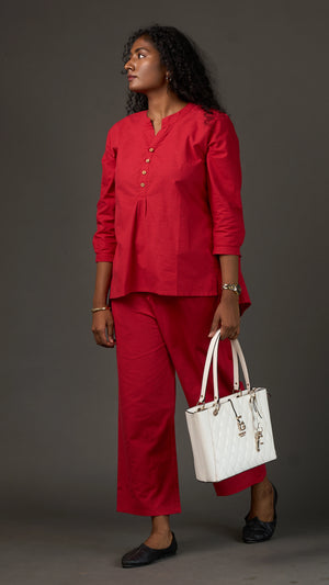 KANSO | Red Cotton Linen Mandarin Collar Tunic with Wooden Buttons