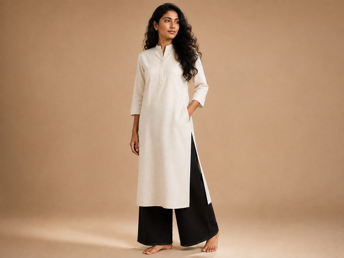 KANSO Women's Cotton Linen Long Kurta | Mandarin Collar Straight Fit Kurta with Pocket