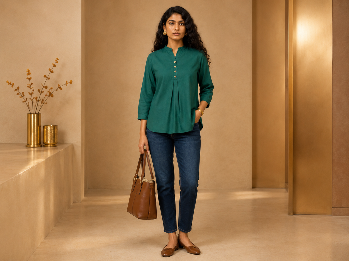 KANSO Women's Cotton Linen Mandarin Collar Top | Button-Down High-Low Hem Shirt