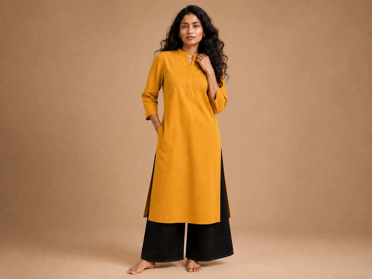 KANSO Women's Cotton Linen Long Kurta | Mandarin Collar Straight Fit Kurta with Pocket