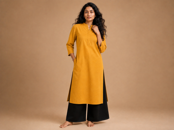 KANSO Women's Cotton Linen Long Kurta | Mandarin Collar Straight Fit Kurta with Pocket