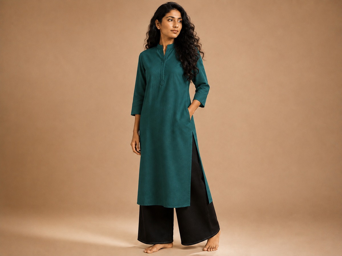 KANSO Women's Cotton Linen Long Kurta | Mandarin Collar Straight Fit Kurta with Pocket
