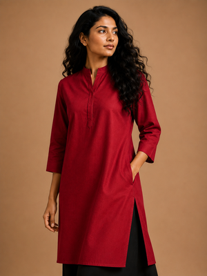 KANSO Women's Cotton Linen Long Kurta | Mandarin Collar Straight Fit Kurta with Pocket