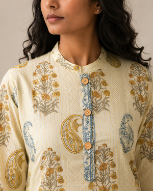 SANGANERI Pistachio Hand Block Print Asymmetrical Kurta | 100% Premium Cotton Mandarin Collar Kurta