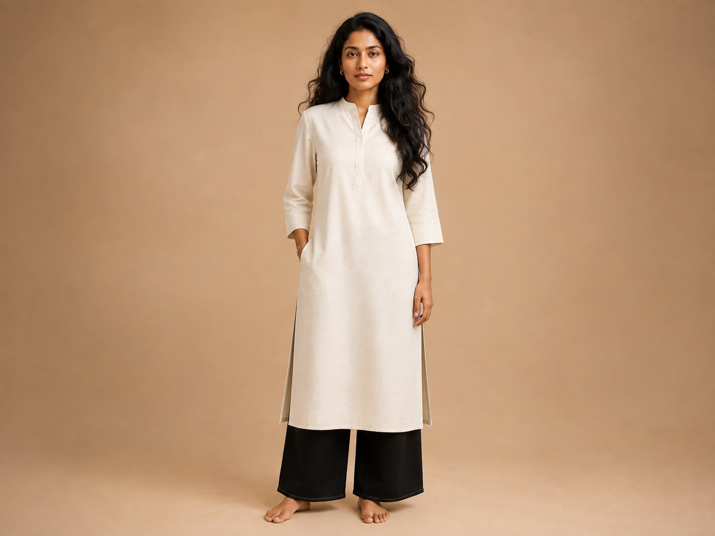 KANSO Women's Cotton Linen Long Kurta | Mandarin Collar Straight Fit Kurta with Pocket