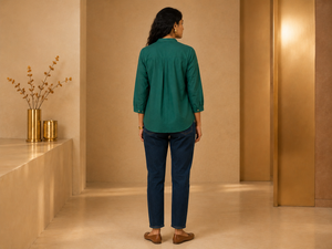 KANSO Women's Cotton Linen Mandarin Collar Top | Button-Down High-Low Hem Shirt