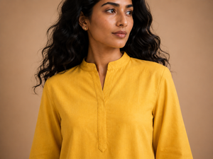 KANSO Women's Cotton Linen Long Kurta | Mandarin Collar Straight Fit Kurta with Pocket