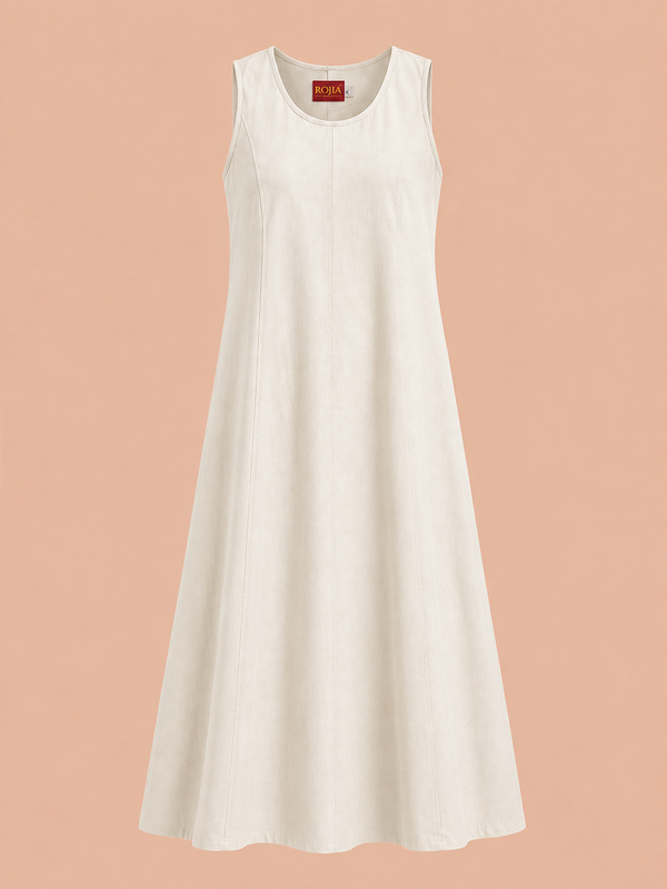 KANSO Women's Cotton Linen Sleeveless A-Line Dress | Boat Neck Midi Dress