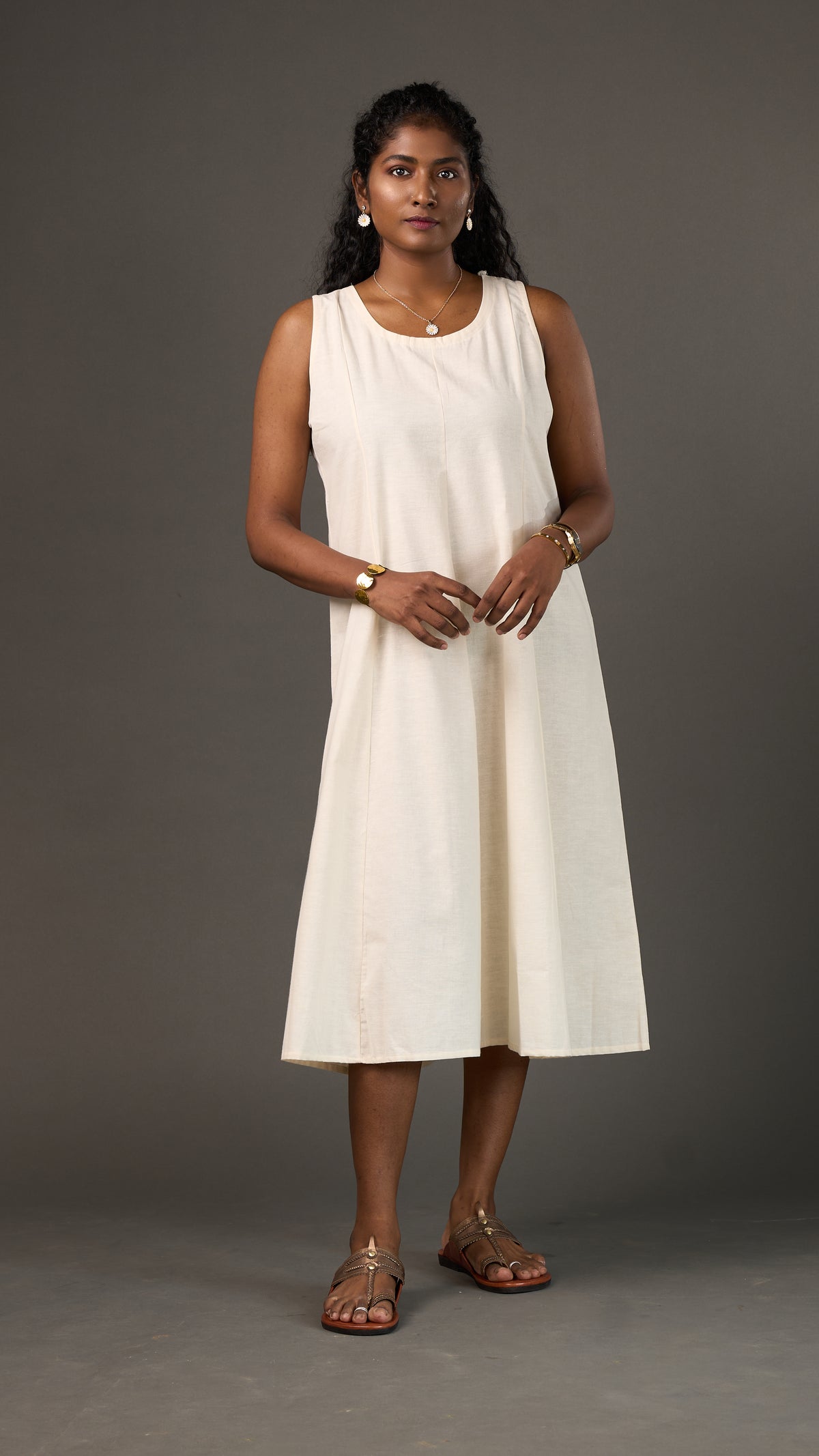 KANSO | White Sleeveless Cotton Linen A-Line Midi Dress