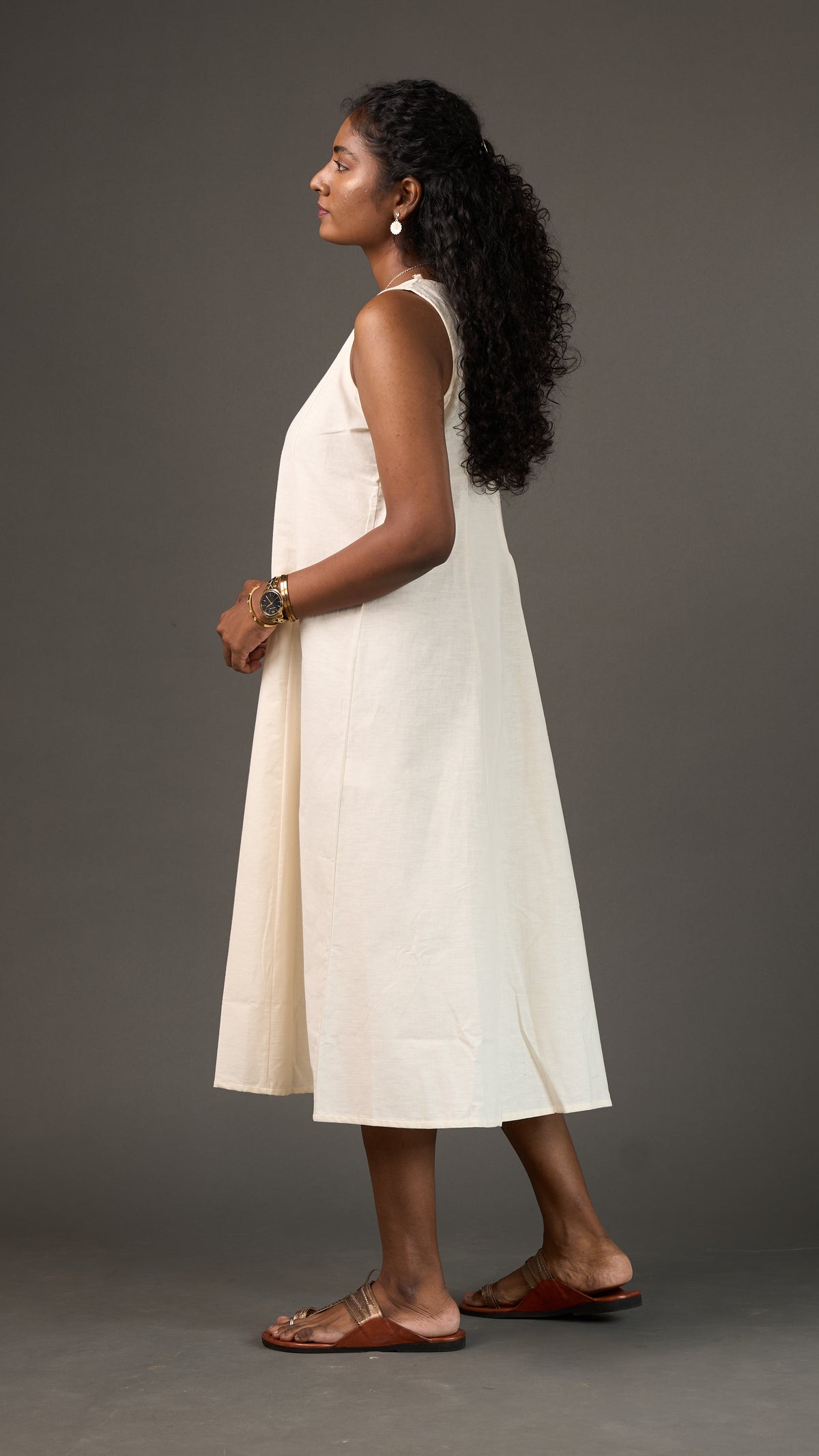 KANSO | White Sleeveless Cotton Linen A-Line Midi Dress