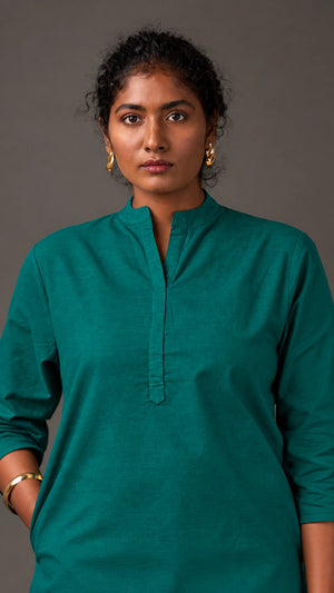 KANSO | Green Cotton Linen Mandarin Collar long Kurta