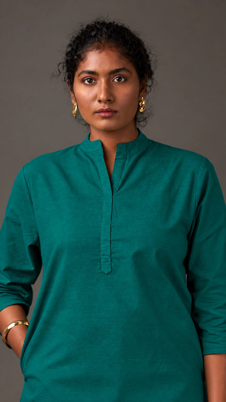 KANSO | Green Cotton Linen Mandarin Collar long Kurta