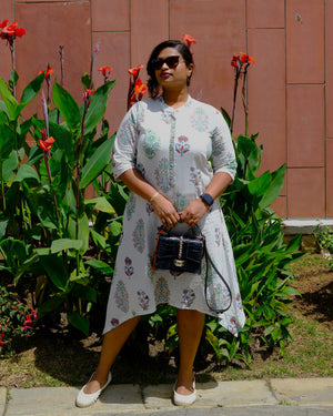 Sanganeri Hand Block Print Handkerchief-Hem A-Line Dress — Ivory Mughal Floral | 100% Premium Cotton