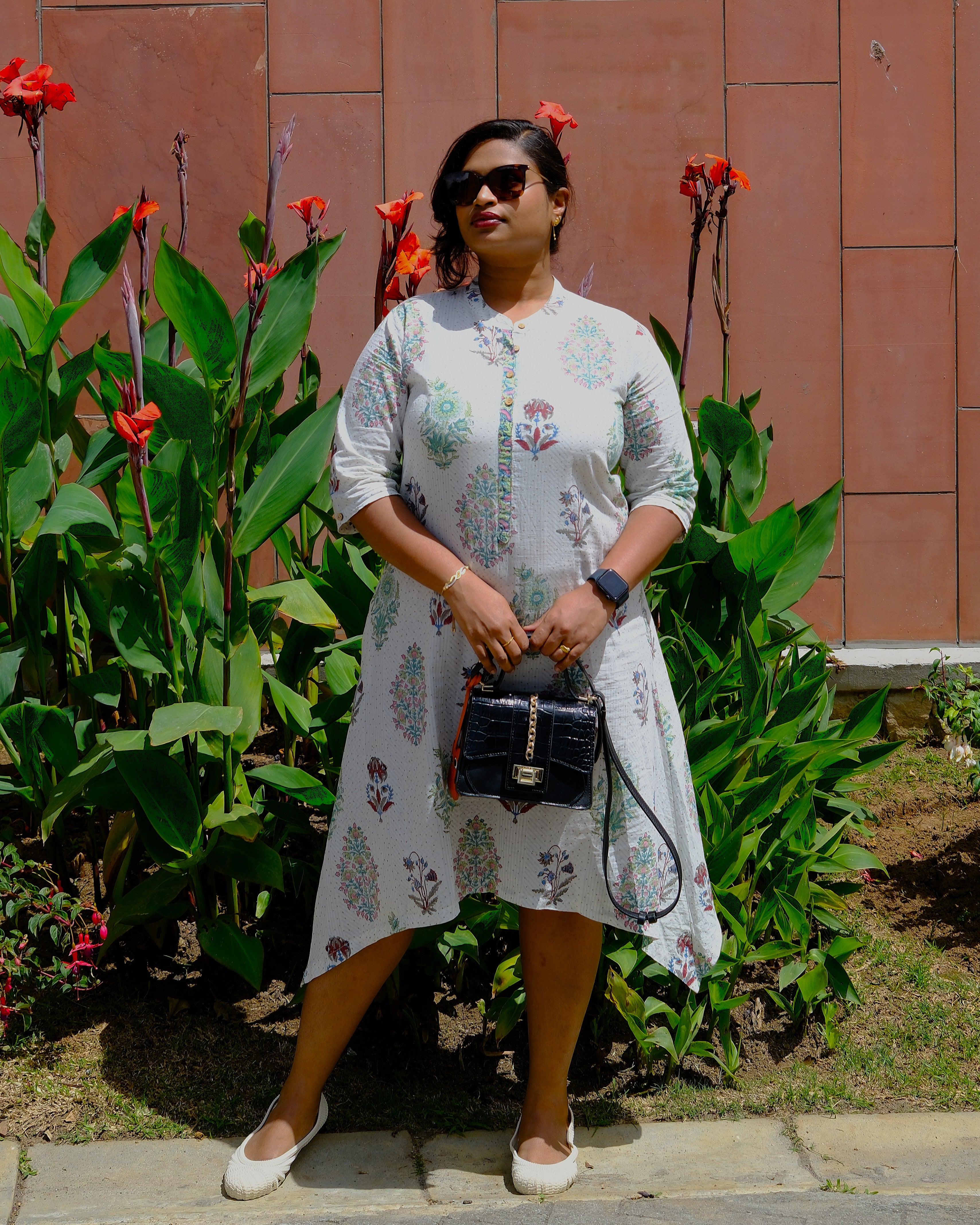 Sanganeri Hand Block Print Handkerchief-Hem A-Line Dress — Ivory Mughal Floral | 100% Premium Cotton