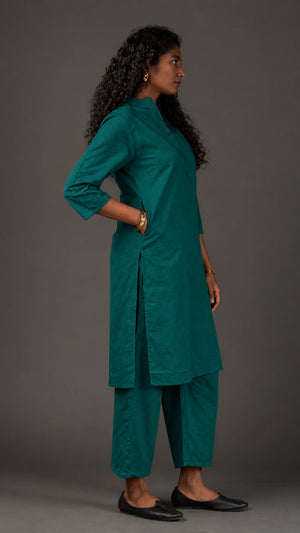 KANSO | Green Cotton Linen Mandarin Collar long Kurta