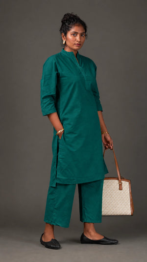 KANSO | Green Cotton Linen Mandarin Collar long Kurta